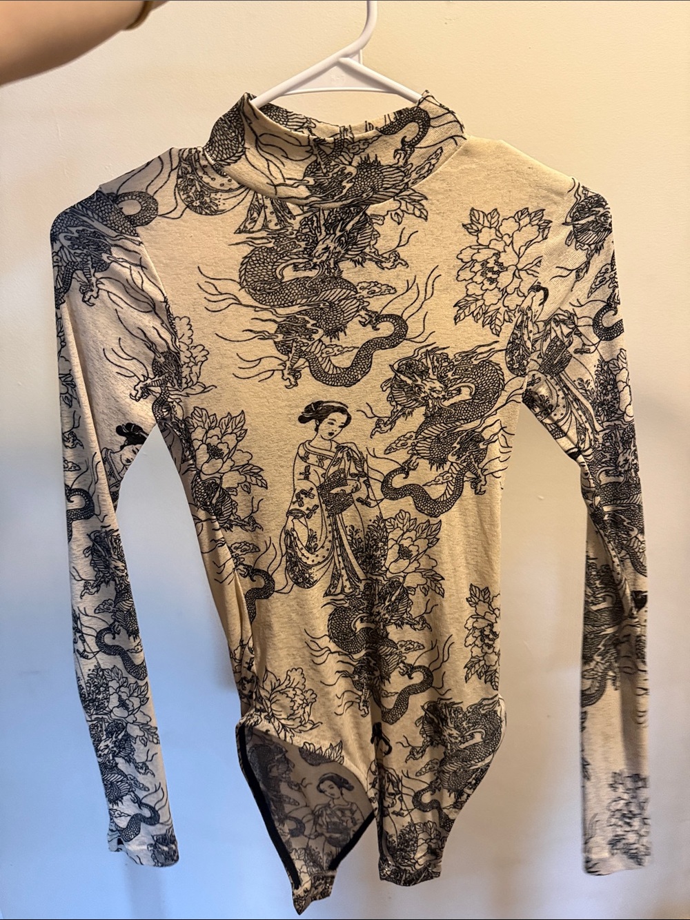 Beige & Black Dragon Print Long Sleeve Turtleneck Bodysuit